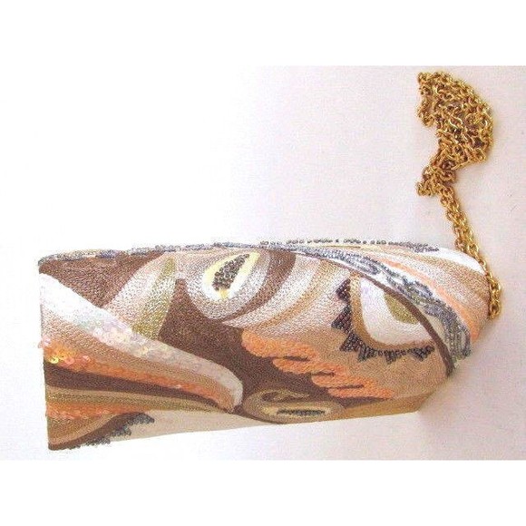 Women'Handbags FRANCHI MULTI COLOR CLUTCH/ GOLD TONE CHAIN SHOULDER STRAP - Picture 3 of 13